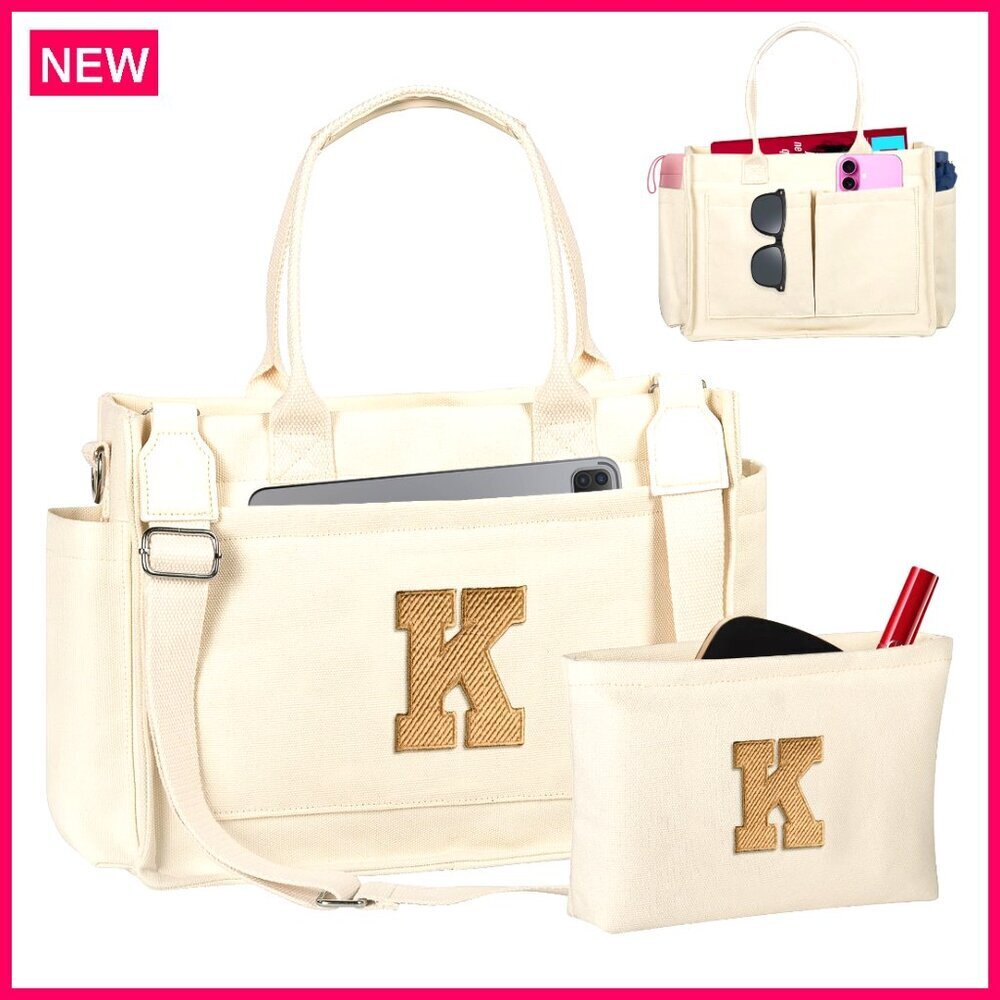 Personalized Monogram Tote Bag with Matching Makeup Bag, Multiple Pockets